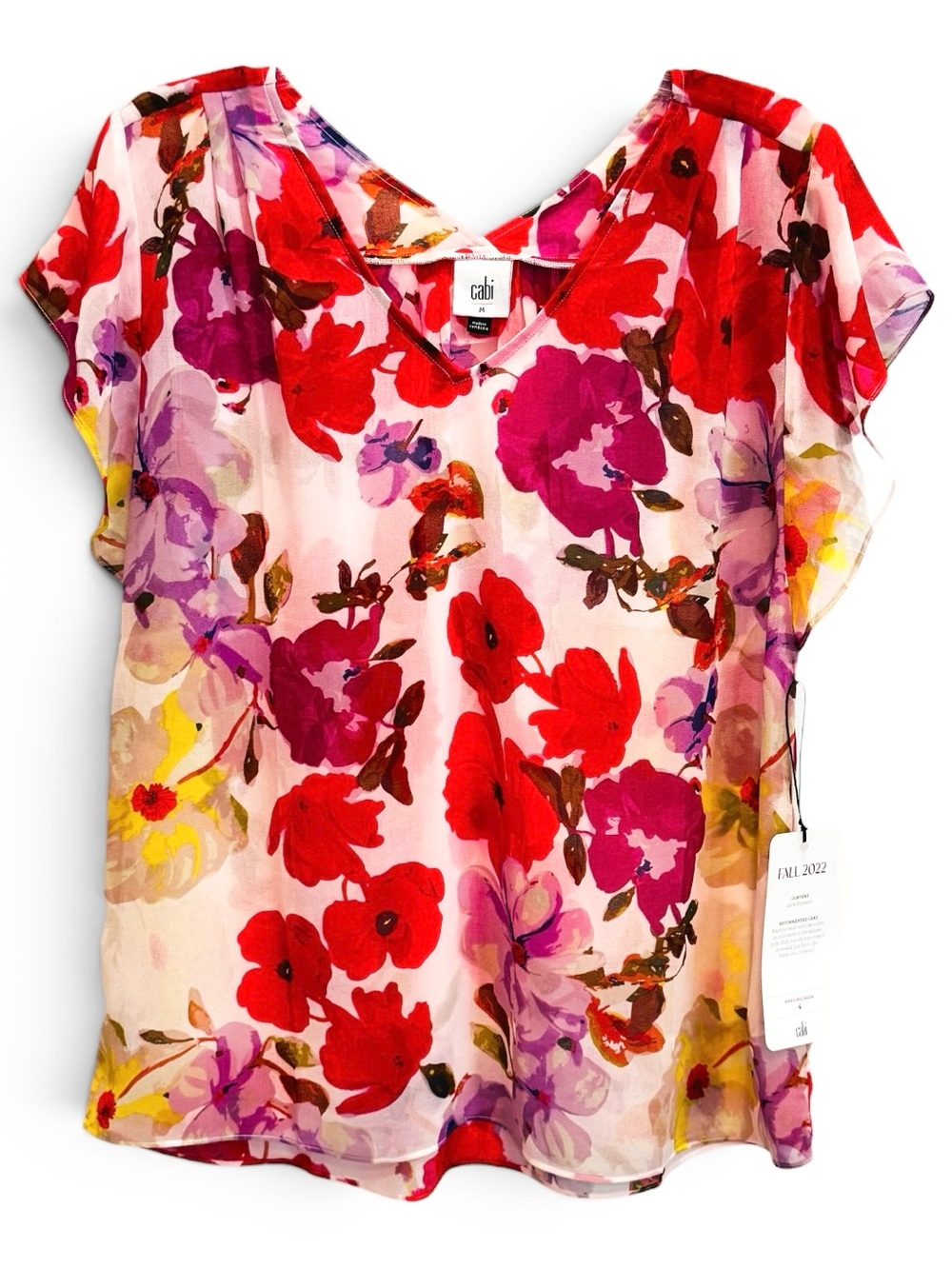 NWT CAbi #4347 Floral Passion Top V-neckline Fluttery Cap Sleeve Top Size M